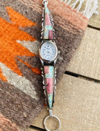 Old Pawn Vintage Navajo Pink Coral, Opal & Sterling Silver Inlay Watch