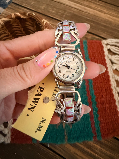 Handcrafted Old Pawn Opal, Coral & Sterling Silver Inlay Watch Band