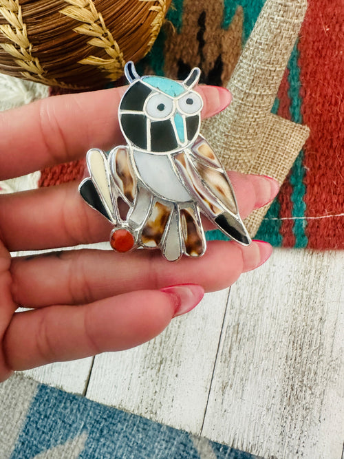Old Pawn Zuni Sterling Silver & Multi Stone Inlay Owl Ring Size 7