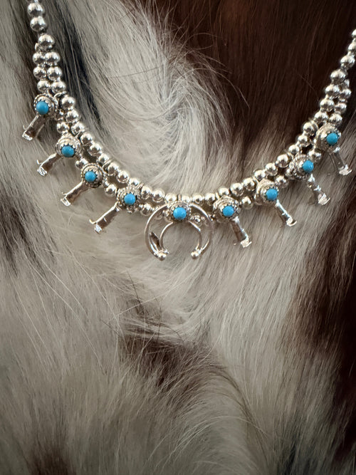 Handcrafted Turquoise & Sterling Silver Beaded Mini Squash Blossom Necklace