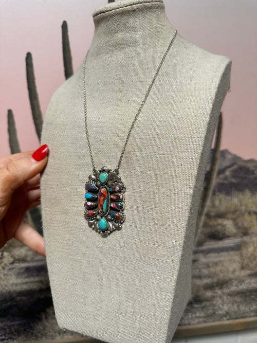 Beautiful Handmade Sterling Silver, Pink Dream Mojave & Turquoise  Cluster Necklace