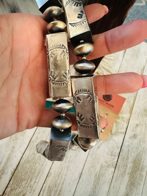 Navajo Hand Stamped Sterling Silver Beaded Necklace & Earring Set