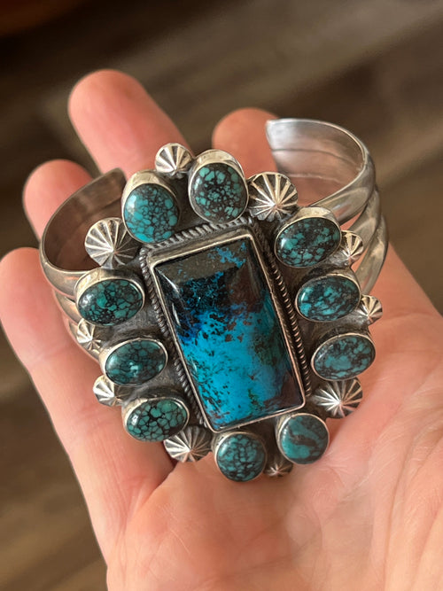 Apache Sterling Silver, Hubei Turquoise and Chrysocolla Azurite Cuff Bracelet by Rosella Paxson