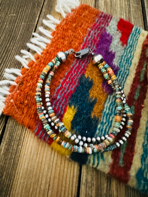 Handcrafted Turquoise, Spiny & Sterling Silver Pearl Triple-Strand Beaded Bracelet