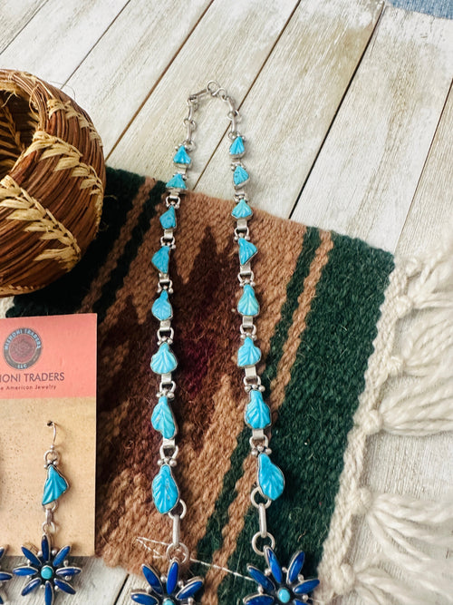 Old Pawn Zuni Sterling Silver, Turquoise & Lapis Flower Necklace and Earring Set