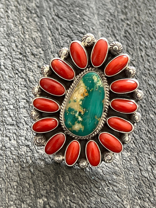 Navajo Sterling Silver, Royston Turquoise and Mediterranean Coral Cluster Ring by Tyler Brown, Adjustable