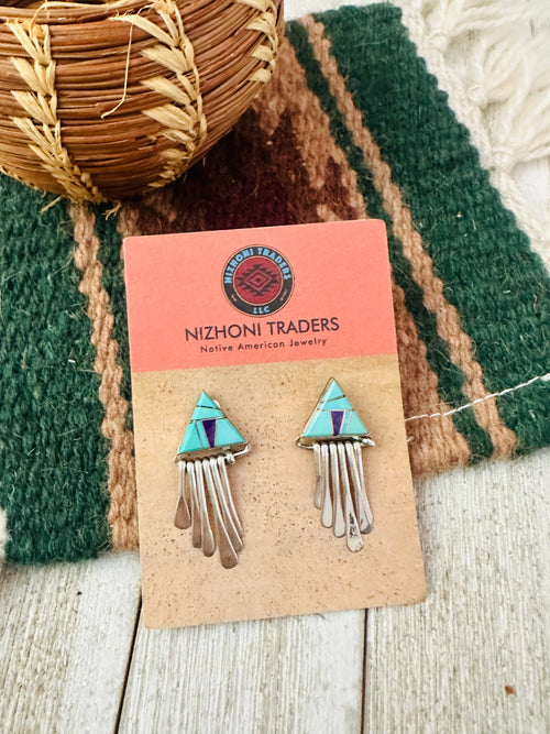 Old Pawn Navajo Sterling Silver, Turquoise & Charoite Inlay Dangle Earrings