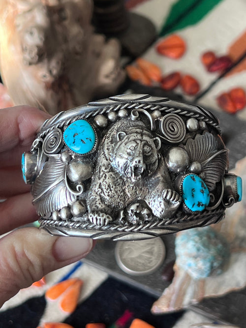 Old Pawn Sterling Silver and Kingman Turquoise Bear Motif Cuff by Running Bear