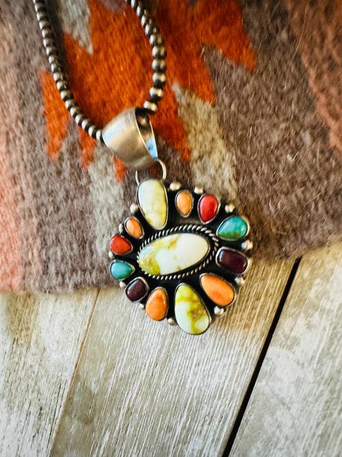 Navajo Electric Rainbow Turquoise, Spiny & Sterling Silver Cluster Pendant by Angela Martin