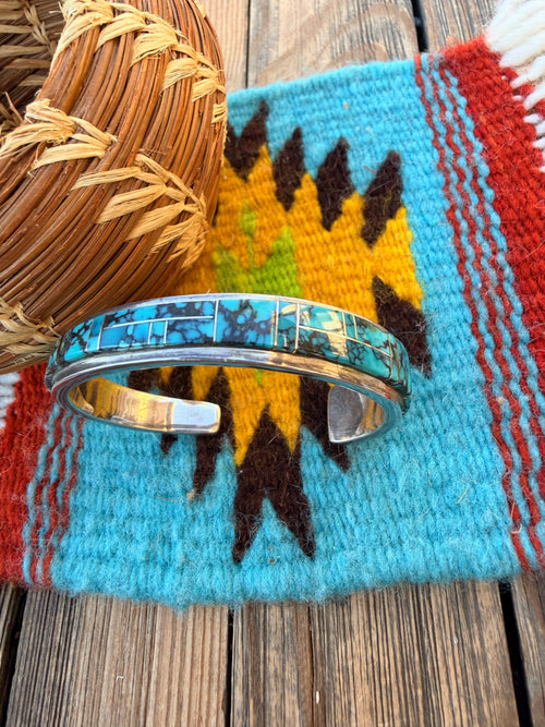 Handcrafted Old Pawn Sterling Silver & Turquoise Inlay Cuff Bracelet