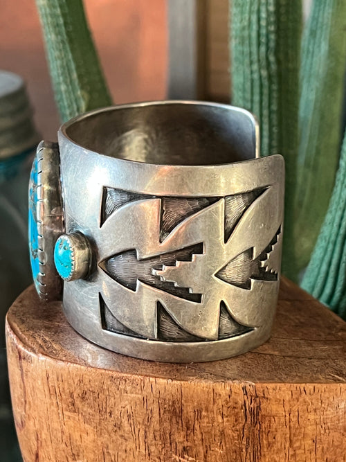 Vintage Old Pawn Sterling Silver and Morenci Turquoise Overlay Cuff Bracelet, Unsigned
