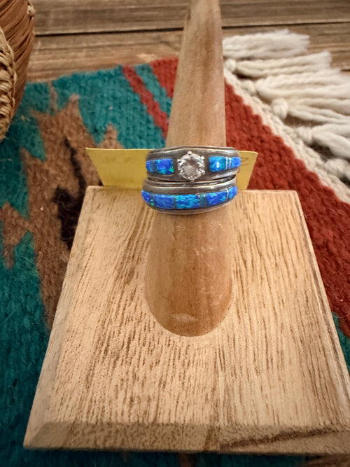 Old Pawn Handcrafted Opal, CZ & Sterling Silver Inlay Ring Set Size 7.25