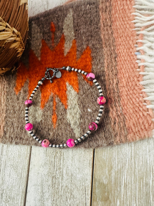 Navajo Pink Mojave and Sterling Silver Pearl Beaded Bracelet
