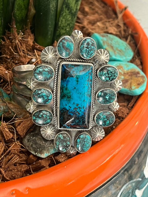 Apache Sterling Silver, Hubei Turquoise and Chrysocolla Azurite Cuff Bracelet by Rosella Paxson