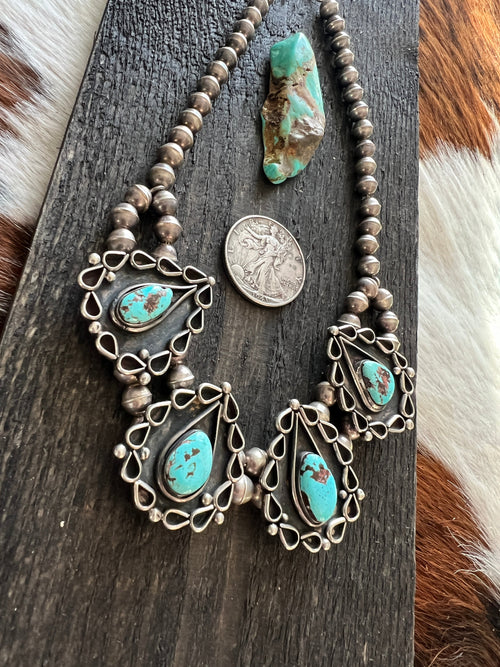 Vintage Navajo Sterling Silver and Turquoise Station Necklace