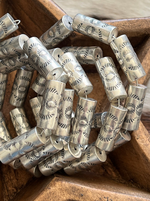 Navajo Made Hand Stamped Sterling Silver Cylinder Beads, Earth and Sky