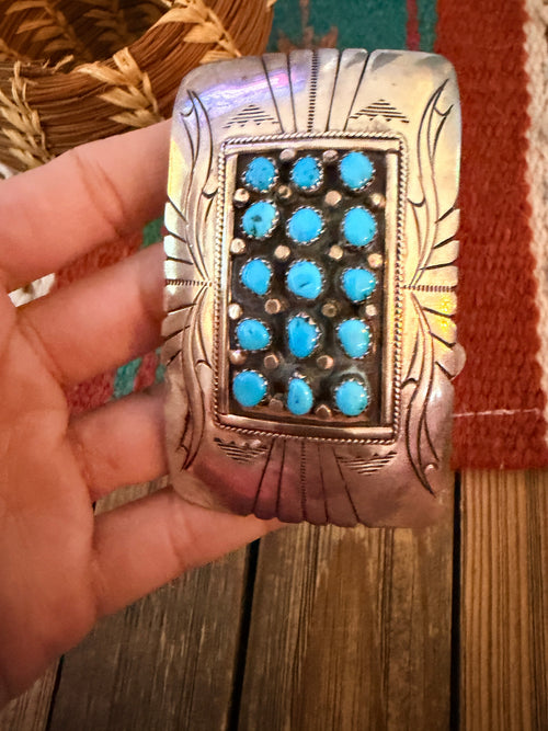 Handcrafted Vintage Old Pawn Sterling Silver & Turquoise Belt Buckle