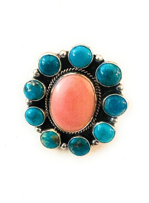 Navajo Sterling Silver, Queen Pink Conch & Turquoise Cluster Adjustable Ring