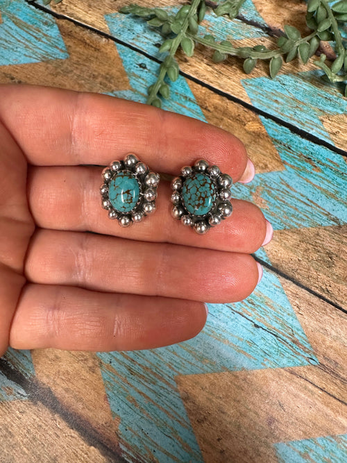 Handmade Number 8 Turquoise & Sterling Silver Ball Stud Border Earrings