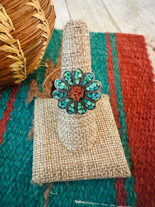 Old Pawn Navajo Sterling Silver, Turquoise & Coral Flower Ring Size 7.75