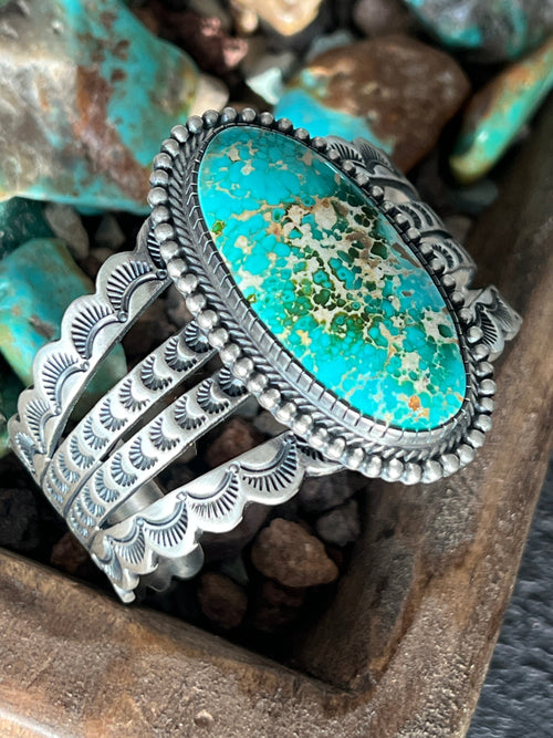 Navajo Hand Stamped Sterling Silver and Royston Turquoise Cuff Bracelet by Diane Wylie