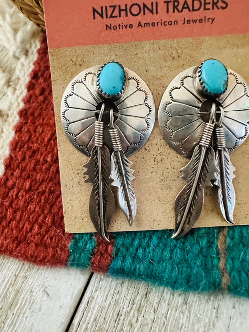 Handcrafted Old Pawn Kingman Turquoise & Sterling Silver Feather Concho Dangle Earrings