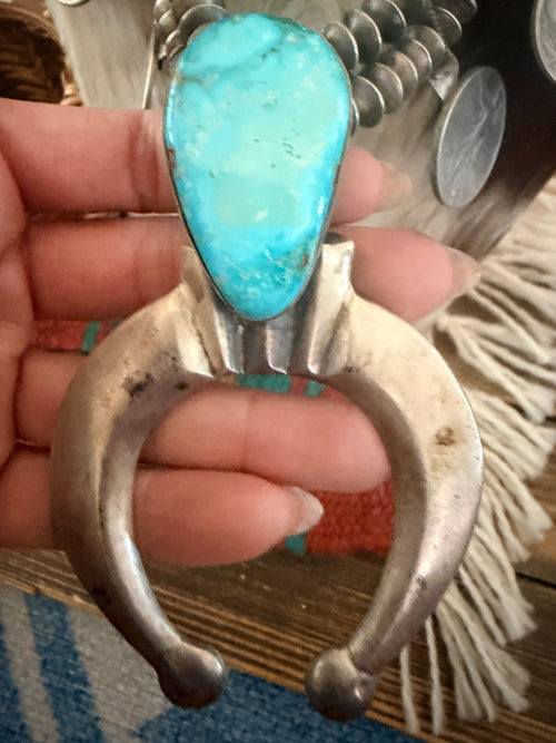 Old Pawn Handcrafted Turquoise & Sterling Silver Liberty Coin Squash Blossom Necklace