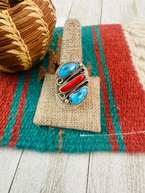 Old Pawn Navajo Sterling Silver, Turquoise & Coral Ring Size 11