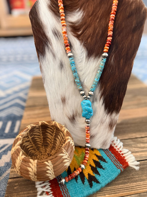 Handcrafted Spiny Oyster, Turquoise & Sterling Silver Beaded Lariat Necklace