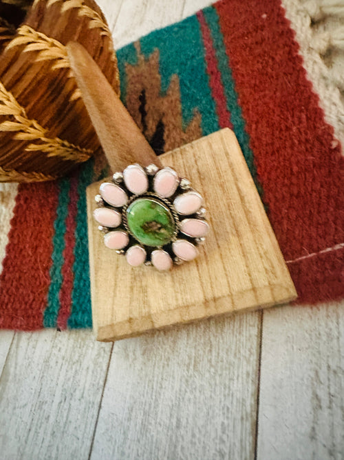 Navajo Sterling Silver, Queen Pink Conch & Turquoise Cluster Adjustable Ring