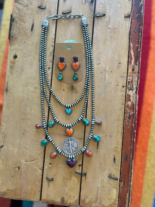 Navajo Made Sterling Silver Electric Rainbow Triple Layer Beaded Drop & Heart Necklace by Loretta Delgarito