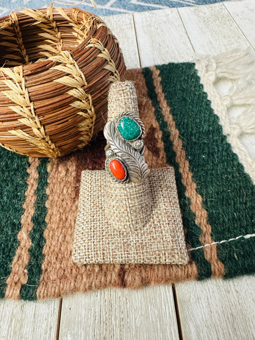 Old Pawn Handcrafted Turquoise, Coral & Sterling Silver Ring Size 6