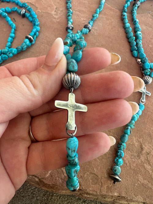 Nizhoni’s Handmade Sterling Silver Turquoise Beaded Lariat Cross Necklace