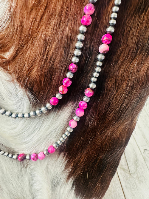 Navajo Sterling Silver & Pink Mojave Beaded Necklace