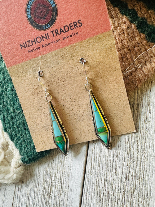 Navajo Sonoran Mountain Turquoise And Sterling Silver Inlay Dangle Earrings