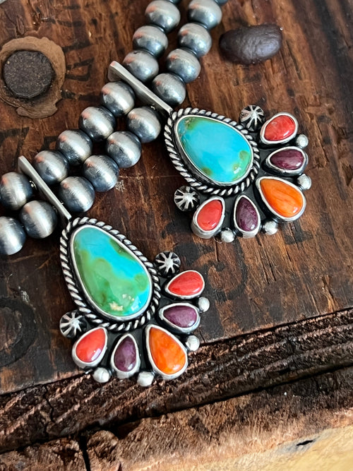 Navajo Made Sterling Silver Electric Rainbow Beaded Cluster Necklace & Earrings Set by Angela Martin