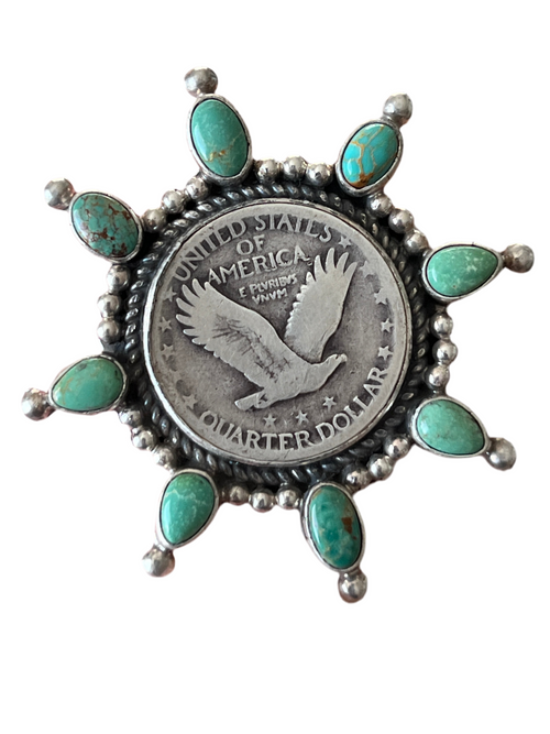 Rosella Paxson Sterling Silver, Liberty Quarter and Hubei Turquoise Cluster Ring, Size 7.25