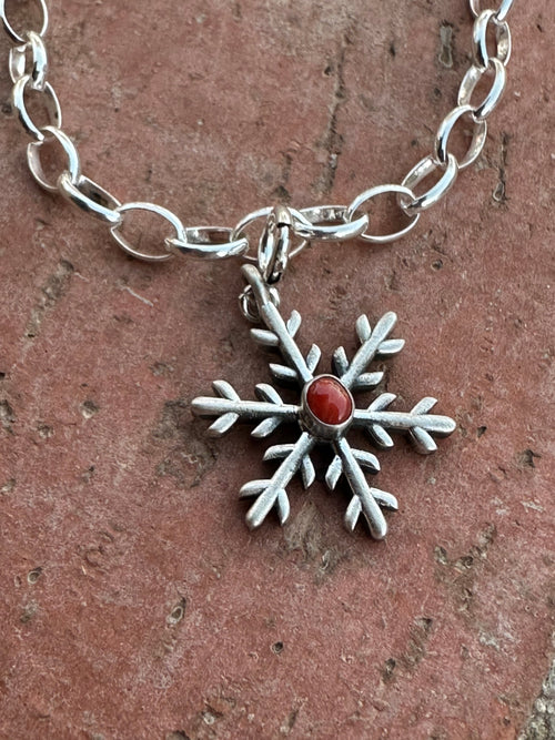 Handmade Sterling Silver and Coral CHRISTMAS SPIKY SNOWFLAKE Charm