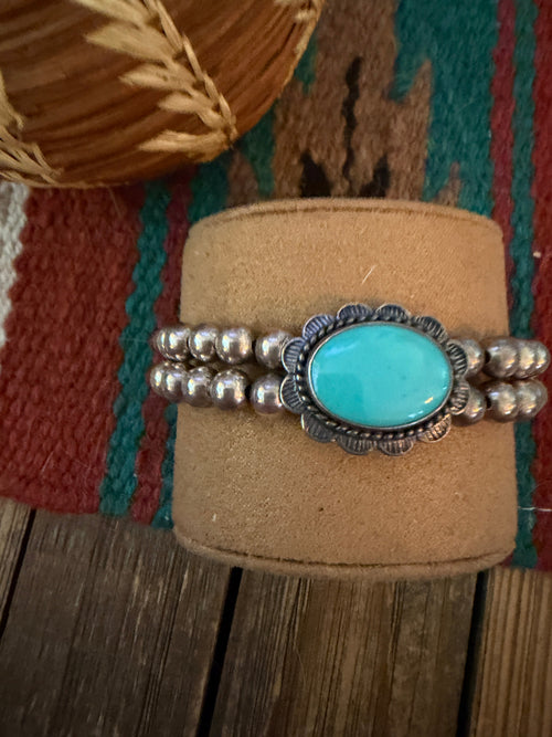 Handcrafted Old Pawn Sterling Silver Pearl & Turquoise Beaded Cuff Bracelet