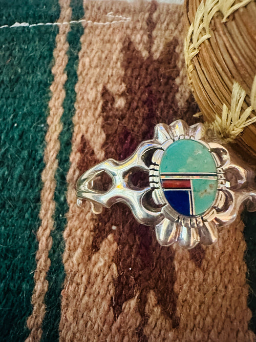 Old Pawn Navajo Multi Stone & Sterling Silver Inlay Cuff Bracelet