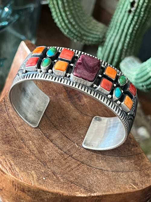 Navajo Electric Rainbow Turquoise and Spiny Oyster Cuff Bracelet by Bernyse Chavez