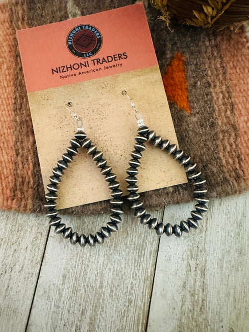 Navajo Sterling Silver Pearl Beaded Dangle Hoop Earrings