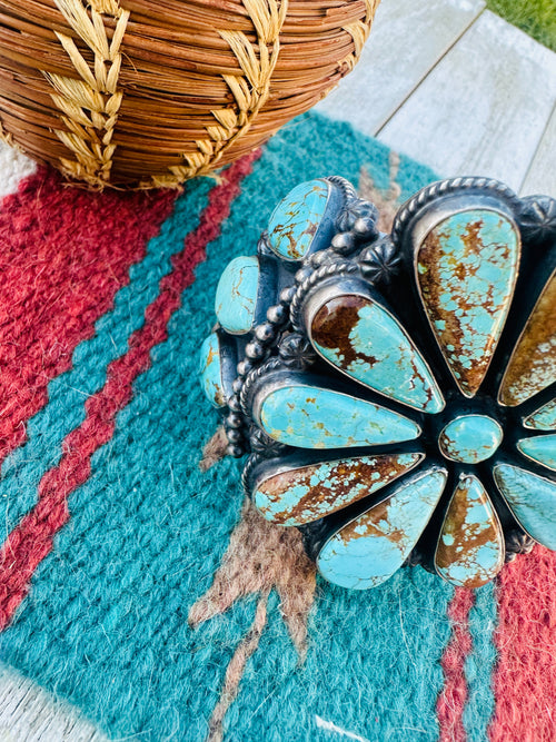 Handcrafted Old Pawn Sterling Silver & Turquoise Cluster Cuff Bracelet by Anthony Skeets