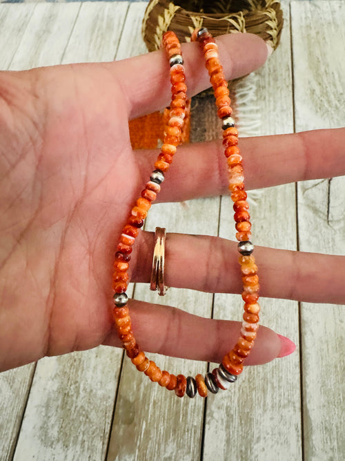 Navajo Orange Spiny & Sterling Silver 16” Beaded Necklace