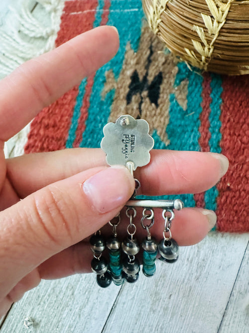 Navajo Turquoise, Coral  & Sterling Silver Pearl Beaded Tassel Dangle Earrings