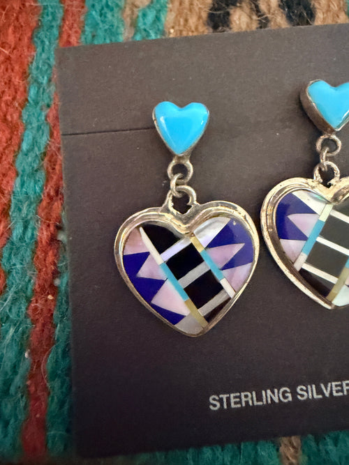 Old Pawn Handcrafted Sterling Silver & Multi Stone Inlay Heart Dangle Earrings