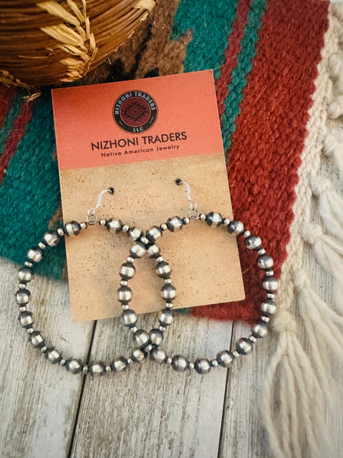 Navajo Sterling Silver Pearl Beaded Dangle Hoop Earrings