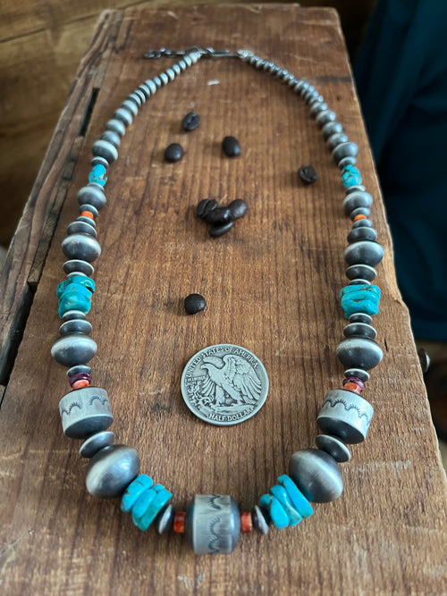 Navajo Sterling Silver, Kingman Turquoise and Spiny Oyster Shell Handcrafted Beaded Necklace by Rose Martin, 24 + 1-1/2 inches
