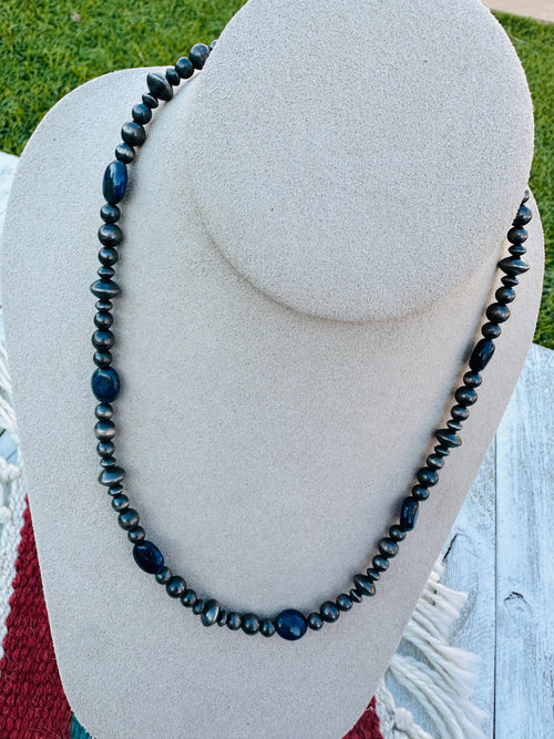 Sterling Silver Pearl & Lapis 18” Beaded Necklace