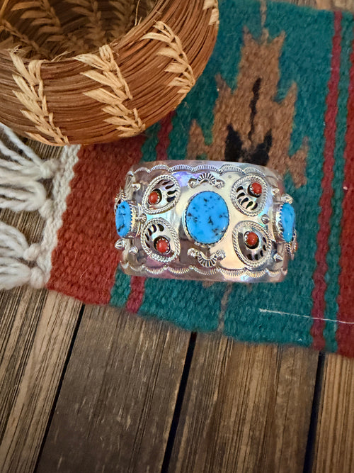Handcrafted Old Pawn Turquoise, Coral & Sterling Silver Bear Paw Cuff Bracelet